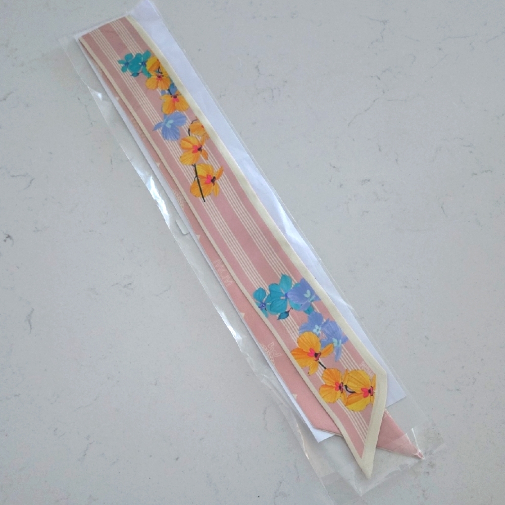 Never Used MCM Silk Skinny Scarf Twilly Floral Pink and Blue Silk Scarf